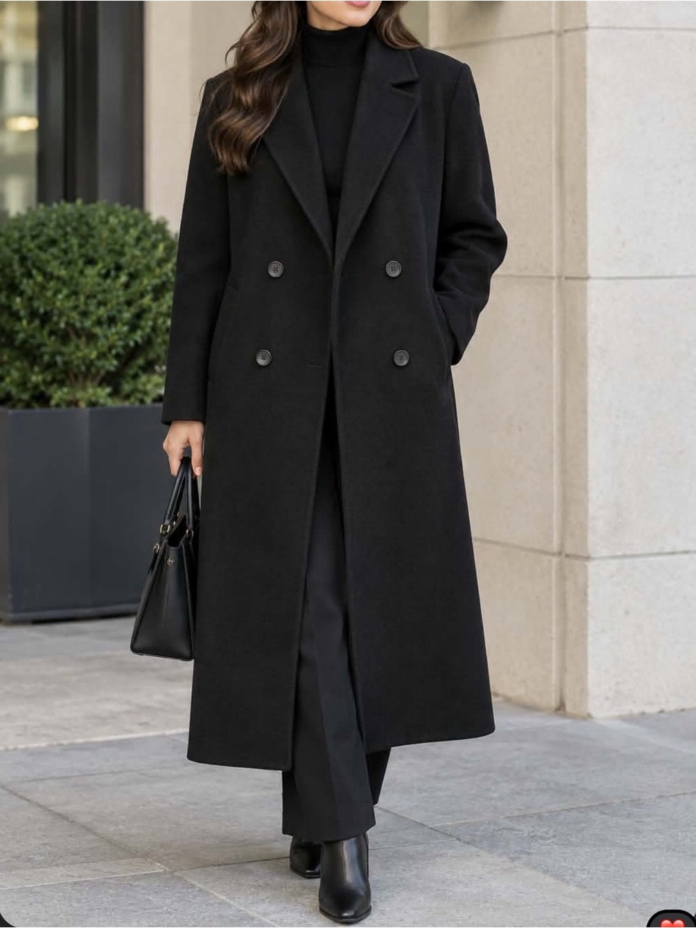 Aritzia Black Double-Breasted Long Wool Coat